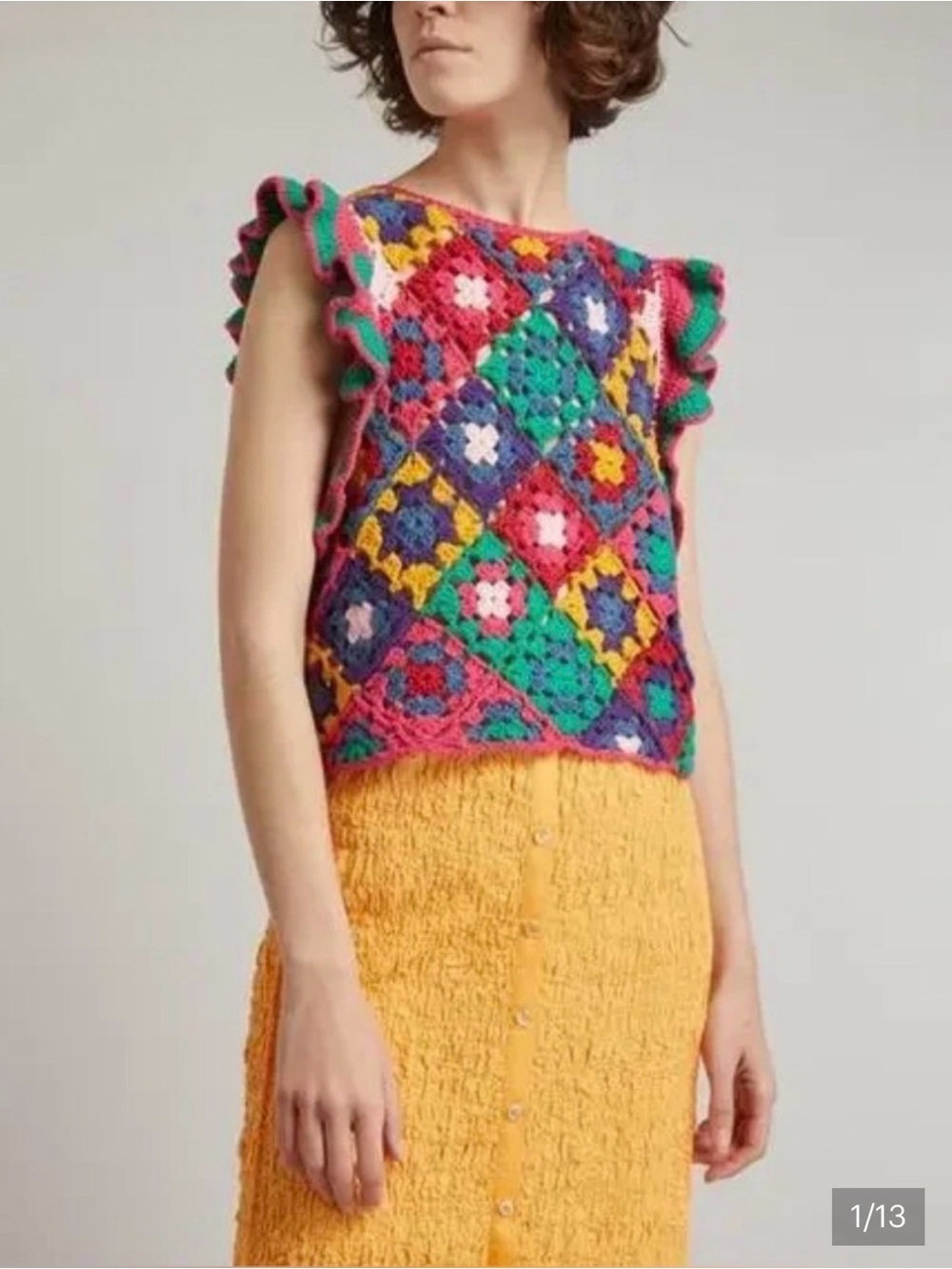 FARM Rio Crochet Square Vest Red Multi Butterfly Sleeves Size S